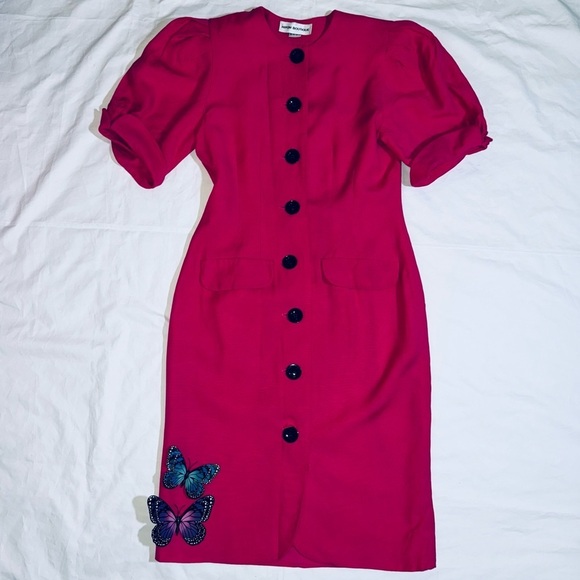 Vintage Hot Pink 80s Dress Button Front Real Vtg Linen - Picture 1 of 11